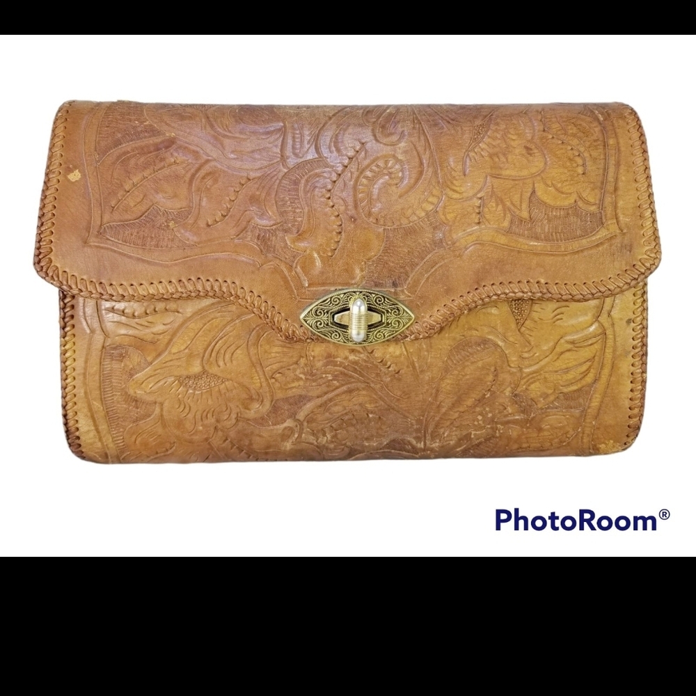 70's VINTAGE HAND MADE TOOLED CLUTCH ENVELOPE WALLET  FLORAL 12X8X1.5 TURNLOCK